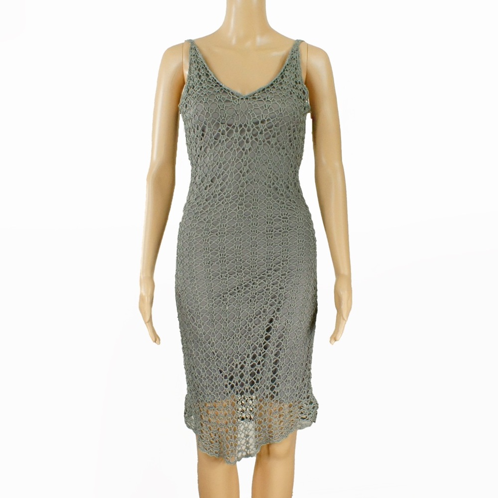 Vintage 90s Y2K Le Chateau Muted Grey Green Crochet Knit Layered Slip Dress